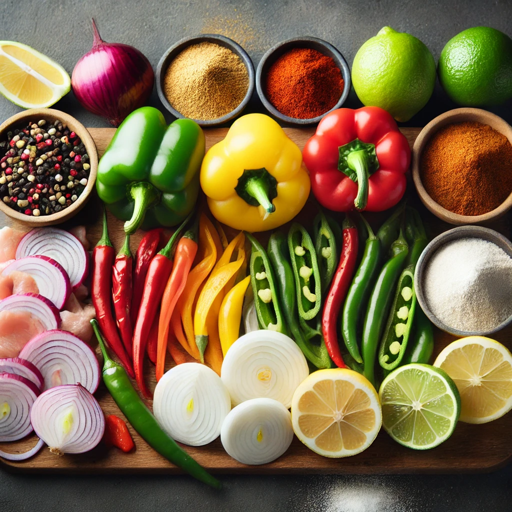 Des ingrédients frais de fajitas disposés sur une planche de bois : poivrons colorés, oignons tranchés, blancs de poulet, épices en petites cuillères, citron vert coupé en deux.