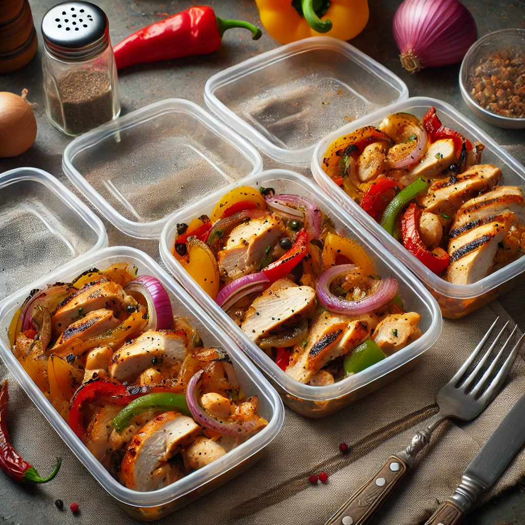 Restes de fajitas au poulet dans des récipients hermétiques prêts à être réchauffés.