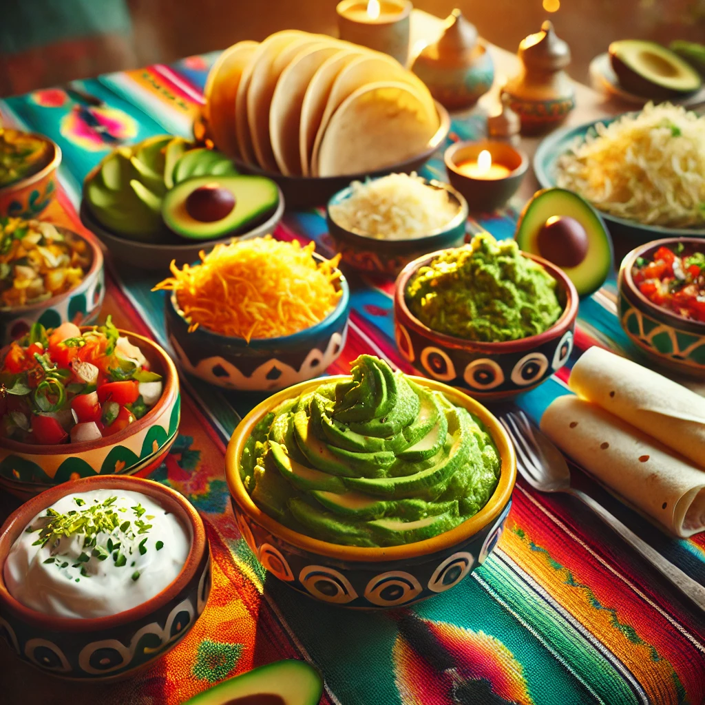 A vibrant table setup with bowls of avocado, sour cream, guacamole, grated cheese, and tortillas, ready for a fajita dinner.