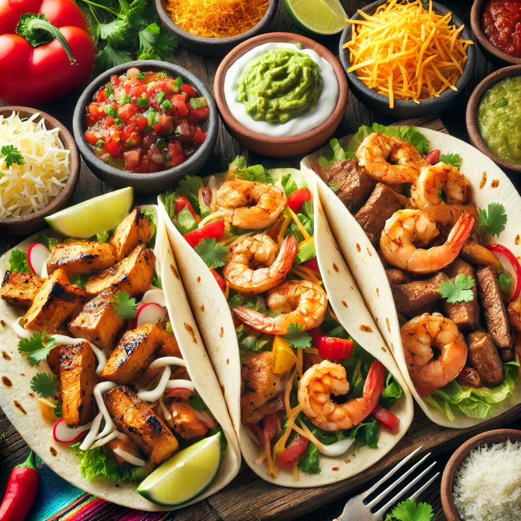 A spread of three different fajitas: chicken, beef, and shrimp, each wrapped in tortillas and served with various garnishes.