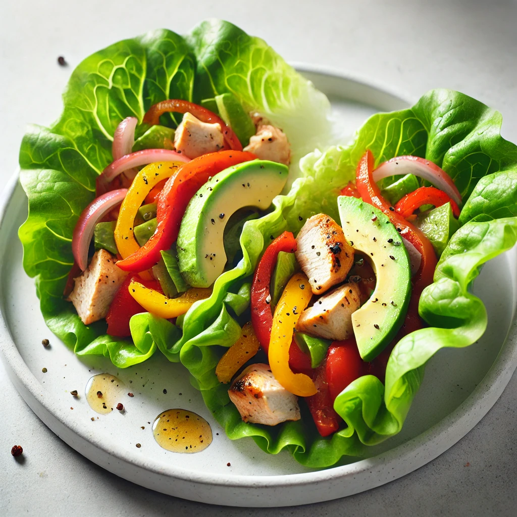 Lettuce wraps filled with fajita chicken, peppers, onions, and avocado, served on a clean, modern plate, healthy meal option.