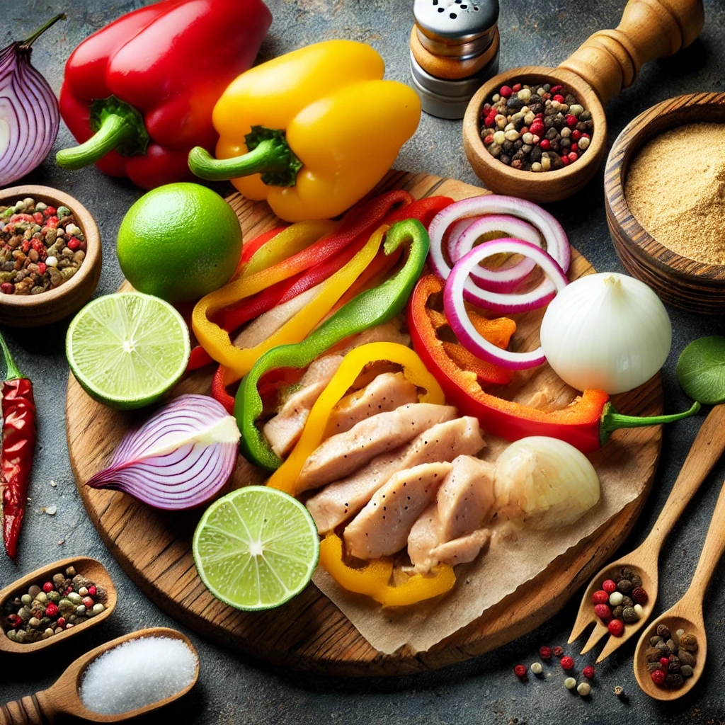  Un ensemble d'ingrédients frais pour fajitas, y compris des filets de poulet, des poivrons colorés, des oignons tranchés, des épices en petites cuillères et un citron vert coupé en deux, disposés sur une planche de bois