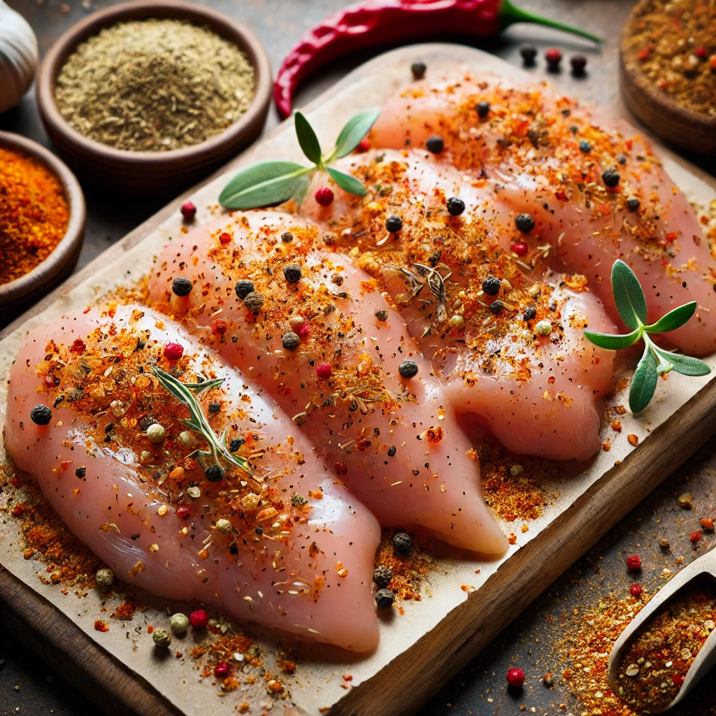 Filets de poulet crus, saupoudrés d'assaisonnement fajita maison, disposés sur une planche de bois, avec des épices visibles autour.