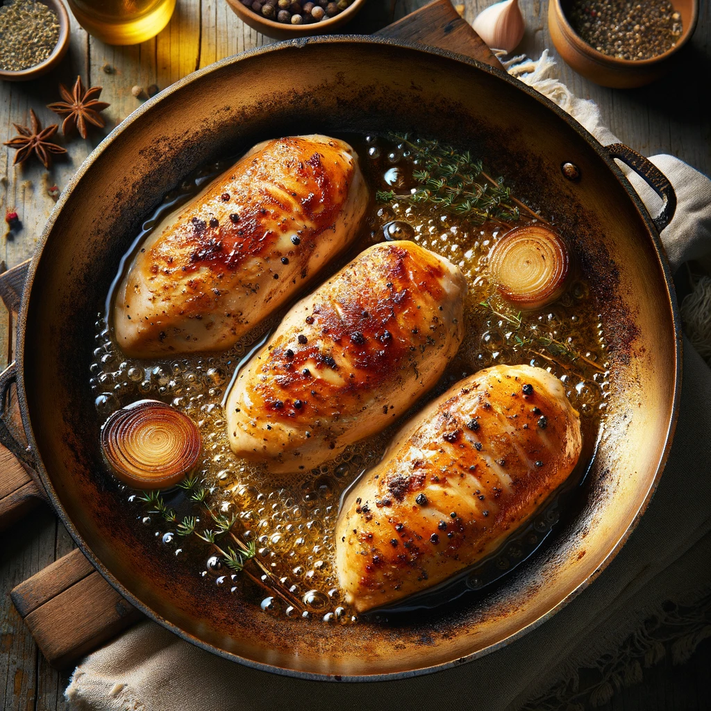 Filets de poulet saisis dans une poêle en fonte, légèrement dorés des deux côtés, avec des bords caramélisés et un fond de poêle bien assaisonné